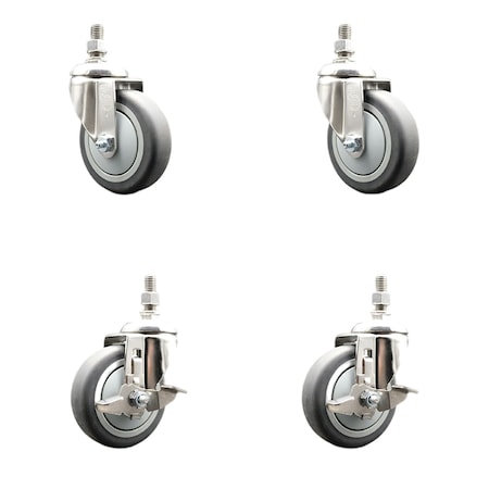 Service Caster 4 Inch 316SS Thermoplastic Rubber 3/8 Inch Threaded Stem Caster Brake SCC, 2PK SS316TS20S414-TPRB-381615-2-TLB-2
